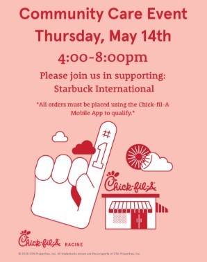 This flyer advertises that our school community is encouraged to visit Chick Fil A for a fundraiser.