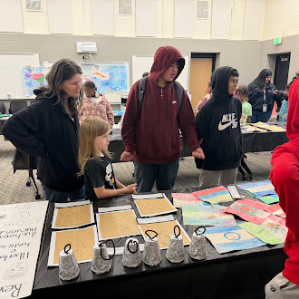 6th grade students walk some community members through the Latin America museum exhibit.