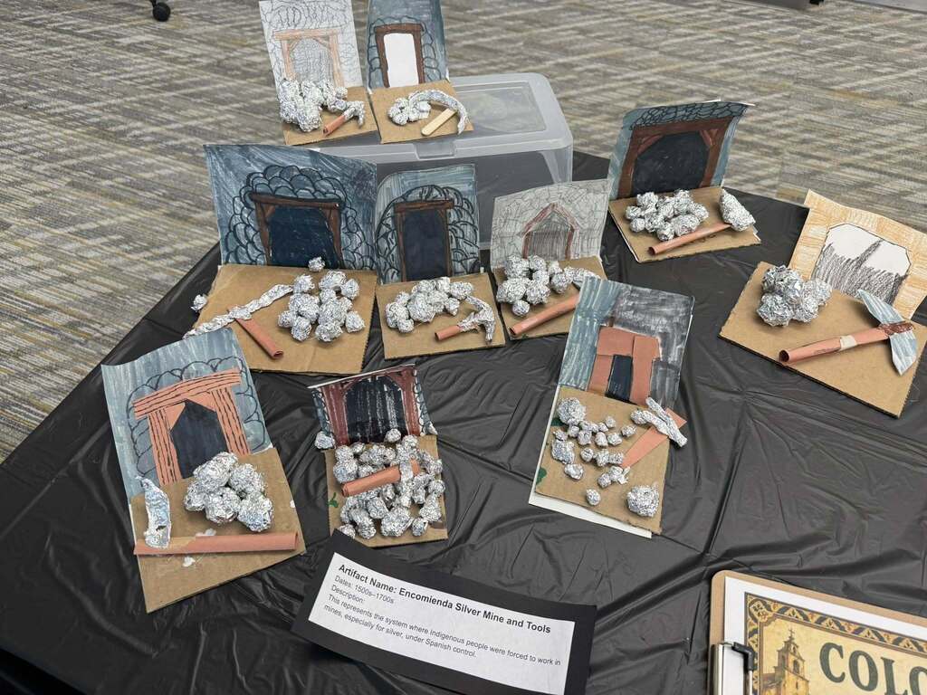 Exhibits from the Latin American History museum including Encomienda Silver Mine and Tools
