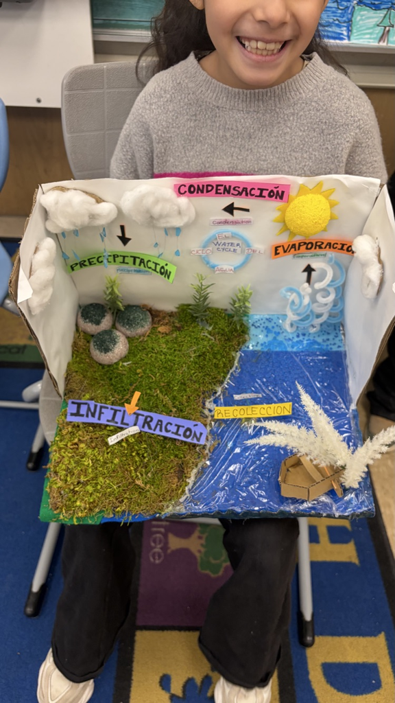 Student with a water cycle diorama in Spanish.
