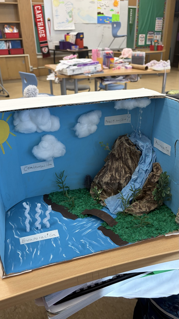 A water cycle diorama in Spanish.