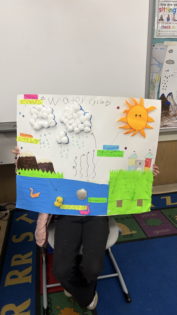 A water cycle diorama in Spanish.