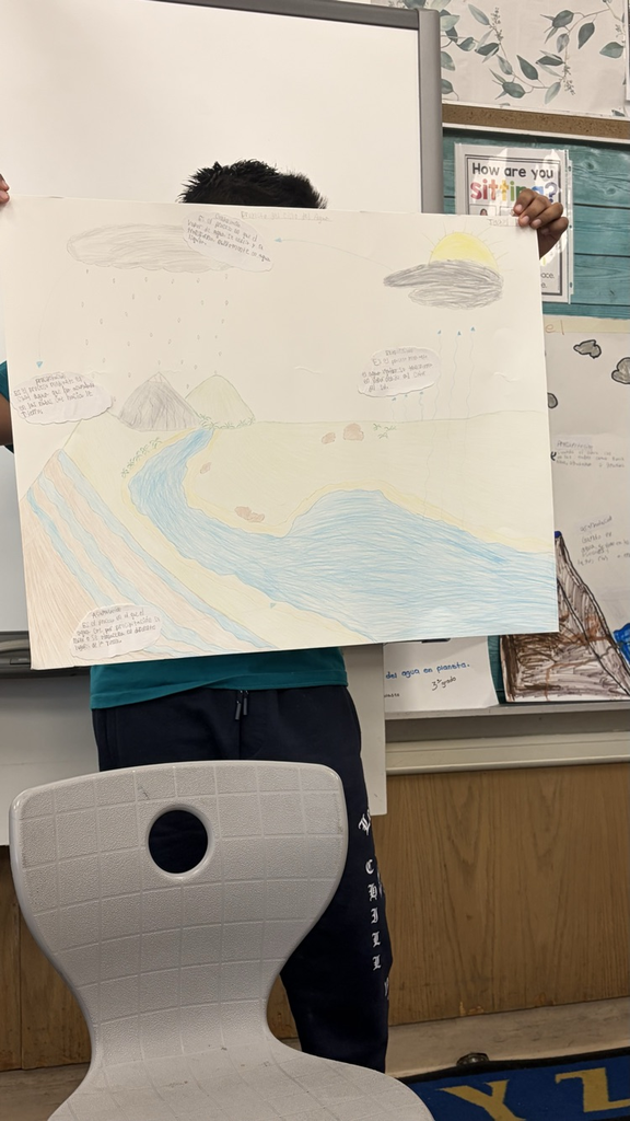 A water cycle diorama in Spanish.