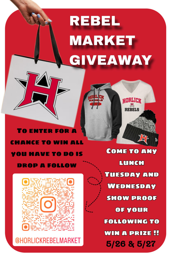 Visit Lunch on Tuesday and Wednesday, 5/26 and 5/27 to show you are following the Rebel Market to get entered into a drawing for some cool merch!