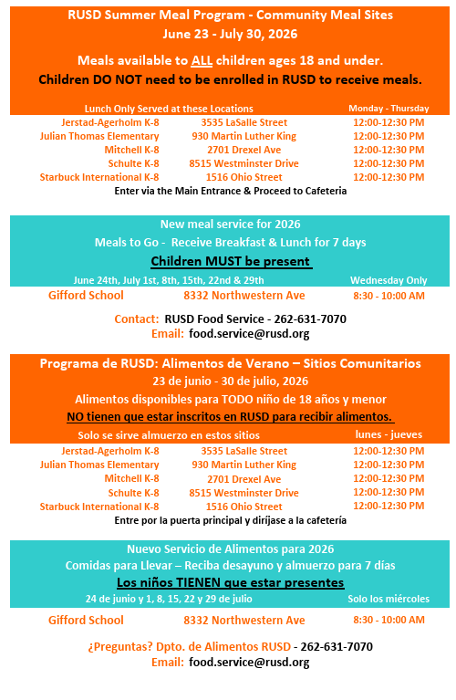 New this Summer We are happy to announce that we will be offering Grab-and-Go Meals on Wednesday mornings from 8:30 am to 10:00 am at Gifford School. This drive-thru service is available on a first-come, first-served basis, and children must be present to receive a week's worth of meals, including 7 breakfasts and 7 lunches.
