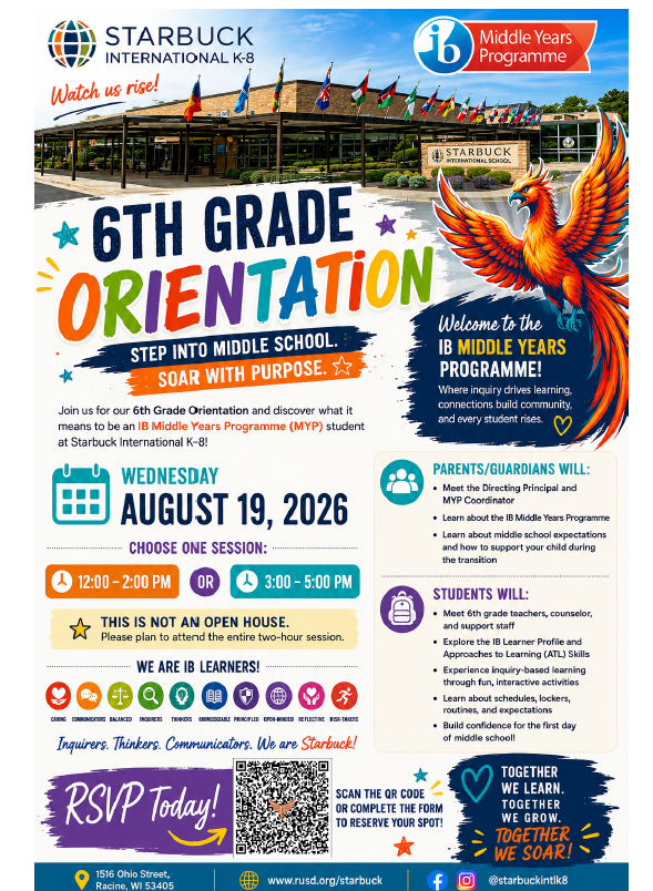 Flyer for teh 6th grade orientation with QR code to RSVP for the time slot to select and name to enter.