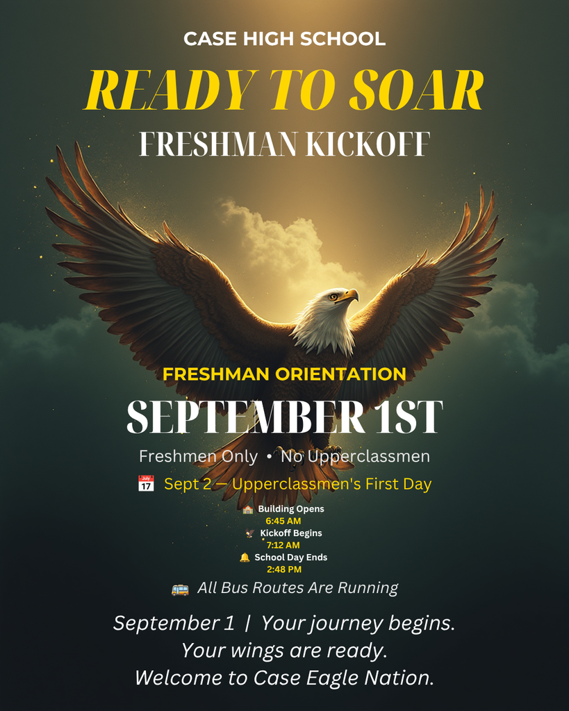 Freshmen Orientation will take place on September 1 and is for freshmen students only. Upperclassmen will not attend on this day; their first day of school will be September 2. The building will open at 6:45 a.m. Freshmen kickoff activities will begin at 7:12 a.m. The school day will end at 2:48 p.m. All school buses will be operating for student pick-up and drop-off.