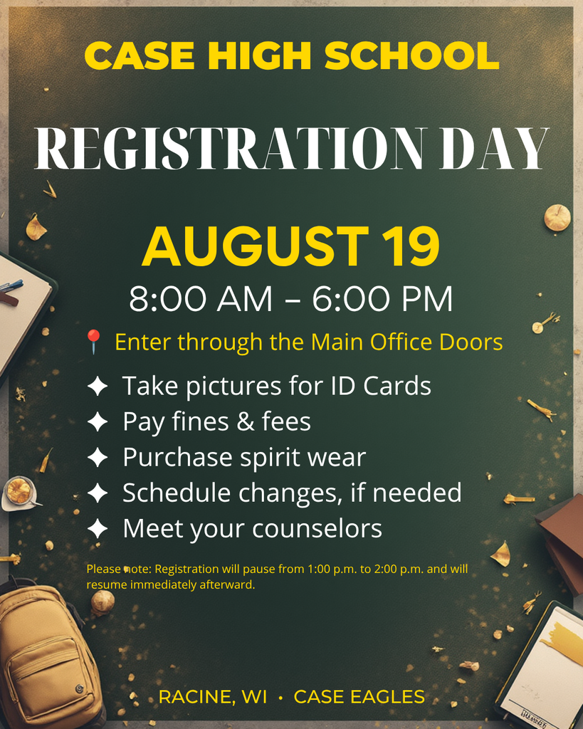 High School Registration Day is August 19 from 8:00 a.m. to 6:00 p.m.! Students can take their ID pictures, pay fines and fees, purchase spirit wear, request schedule changes (if needed), and meet with their counselors. We look forward to seeing everyone and getting ready for a great school year!