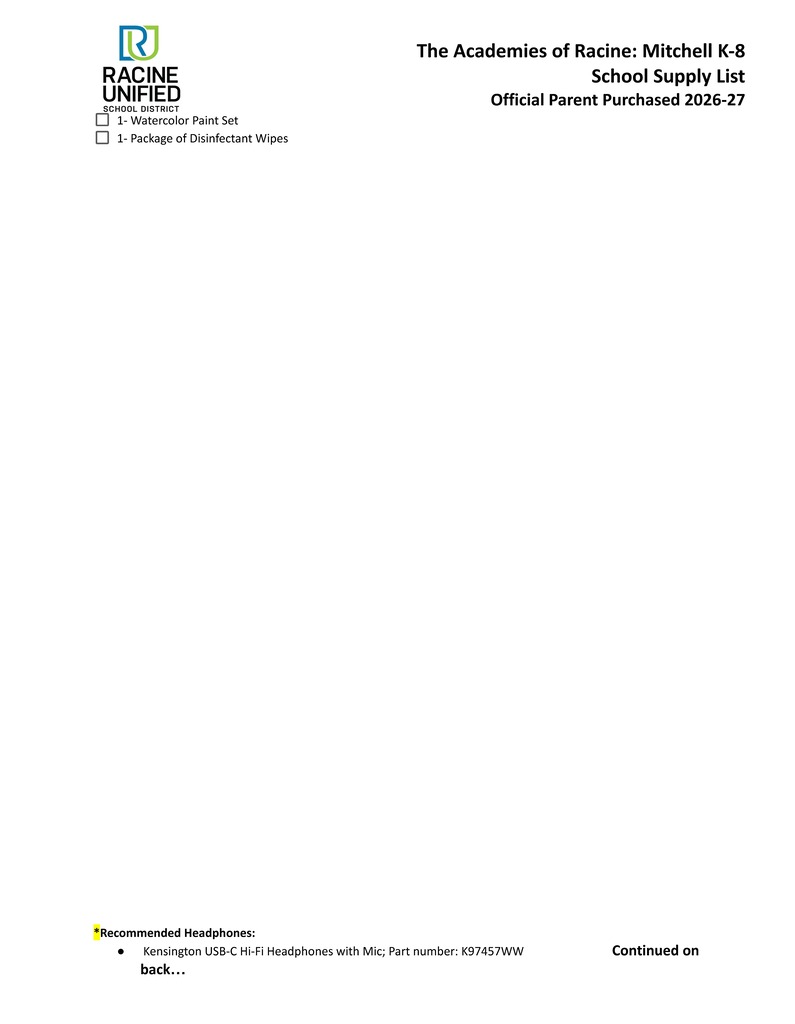 Mitchell School Supply List Page 3 English
