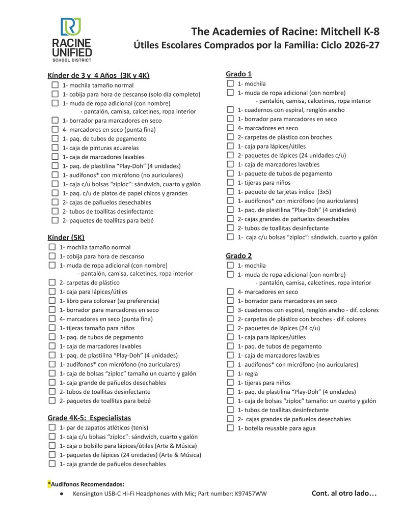 Mitchell School Supply List Page 2 English