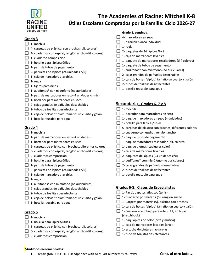 Mitchell School Supply List Page 1 English