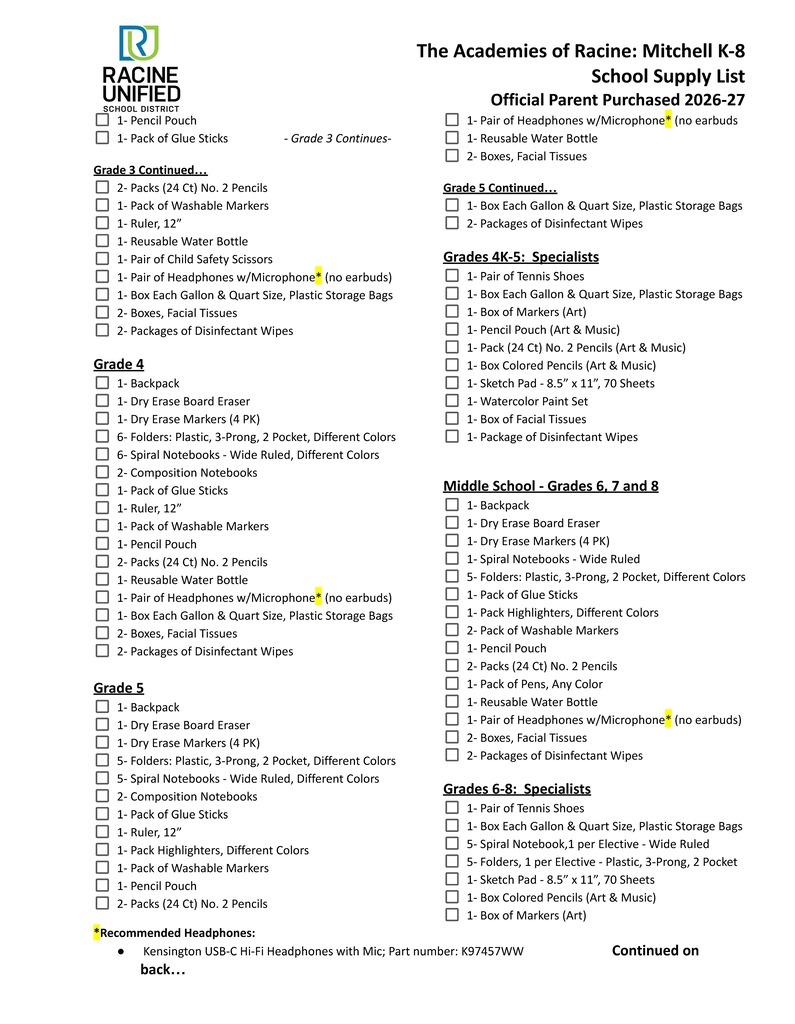 Mitchell School Supply List Page 1 Spanish