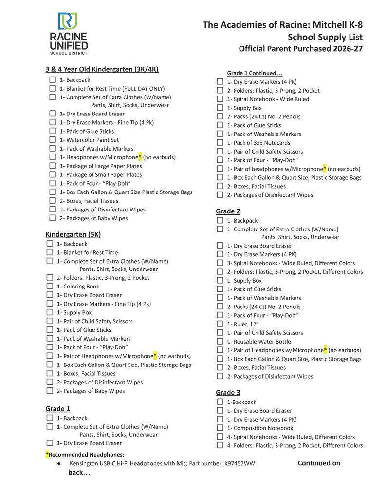 Mitchell School Supply List Page 2 Spanish