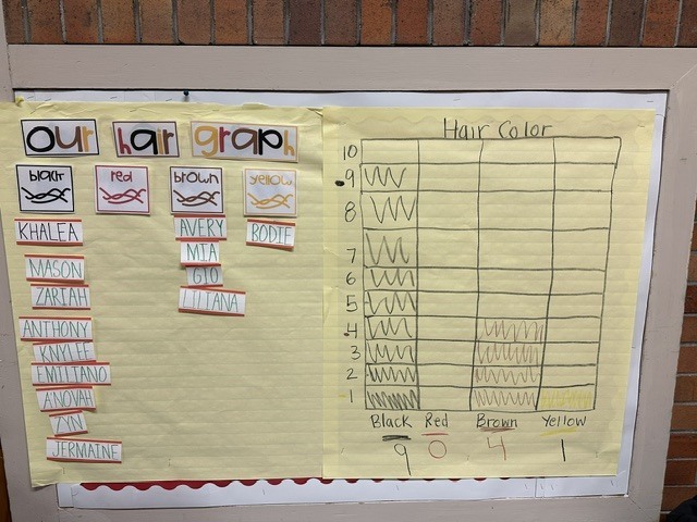 Picture of a graph made by a Prek classroom, graphing number of students with different hair colors.