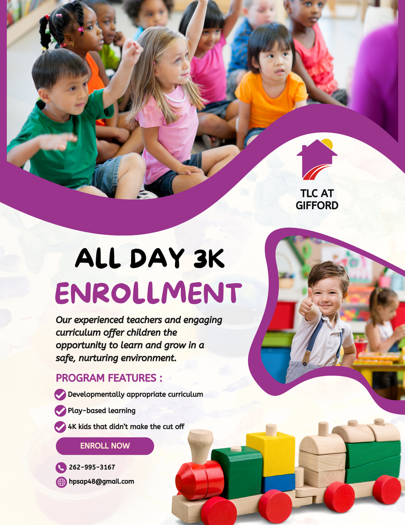 Colorful poster for tlc with information to enroll in 3k