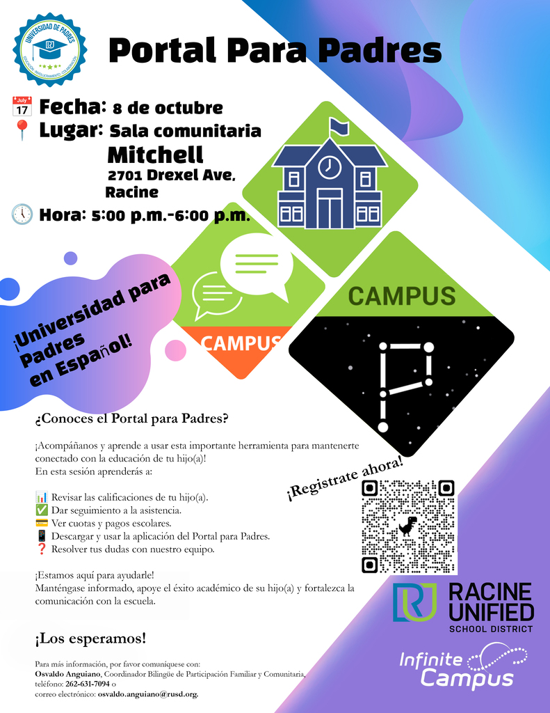 Portal Para Padres, 8 de octubre, sala comunitaria. Hora: 5-6pm. Universidad para Padres en Espanol