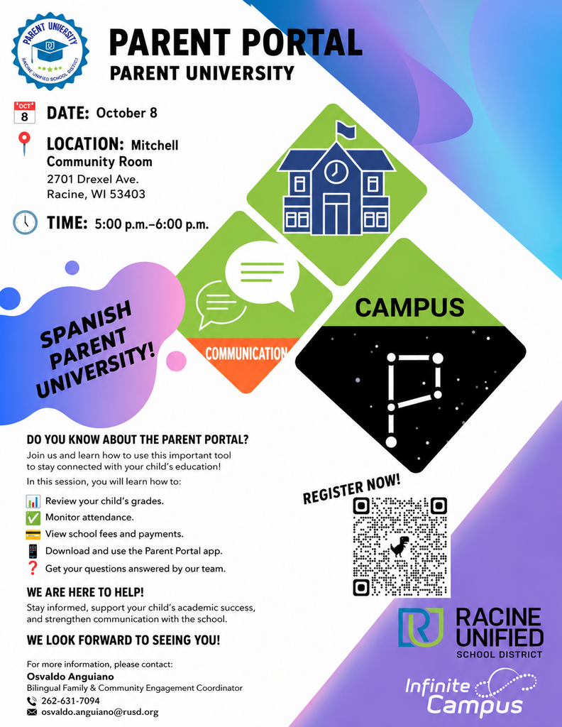 Parent Portal, parent university. October 8, Mitchell community room 122. Time: 5-6pm. Spanish Parent University.