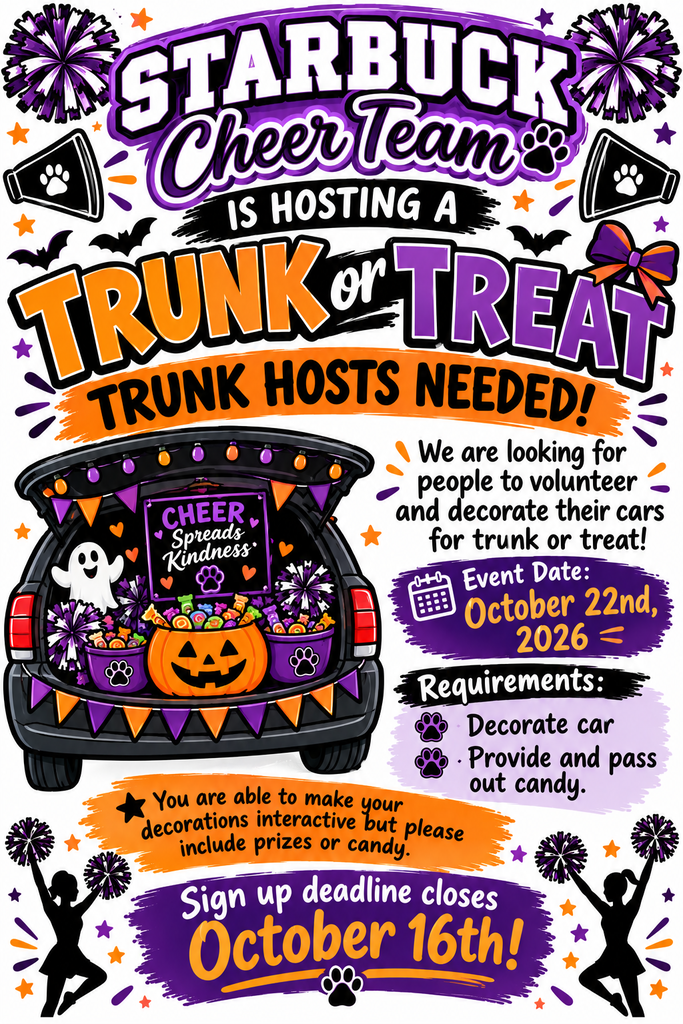 This is an invitation to join us at our Trunk or Treat event for cheer.