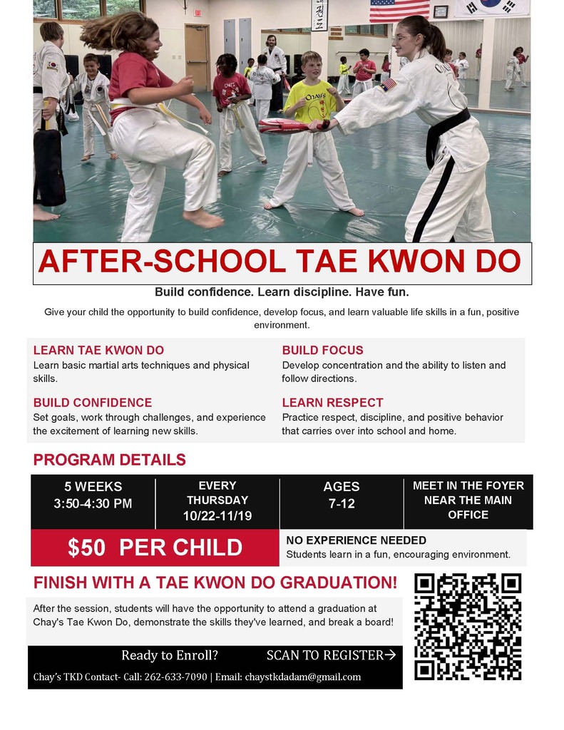 graphic with tae kwon do students on it and information