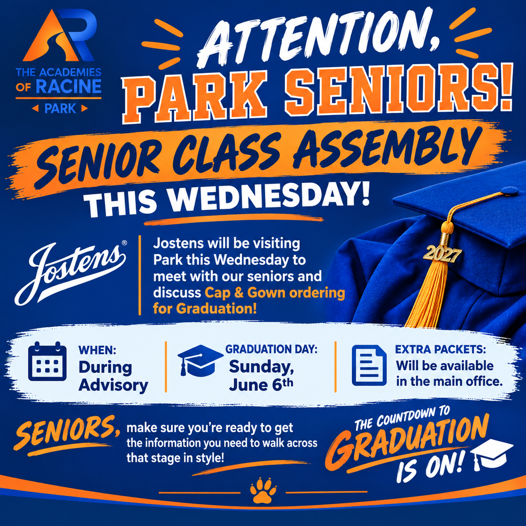 🎓 ATTENTION, PARK SENIORS! 🎓 It’s time to start preparing for graduation! 🎉 📣 Senior Class Assembly – This Wednesday! Jostens will be visiting Park this Wednesday during advisory to meet with our seniors and discuss Cap & Gown ordering for Graduation! 👨🎓👩🎓 Seniors, make sure you’re ready to get the information you need to walk across that stage in style! 🐾💙 The countdown to graduation is ON! 🎓✨ #PantherPride #ALLIN #classof2027