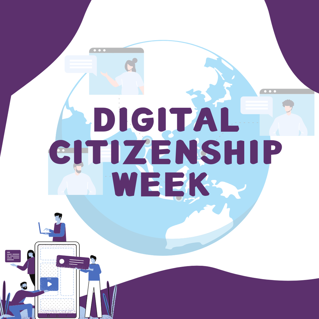 Digital Citizenship Week graphic, featuring an image of Earth with video chat images overlays