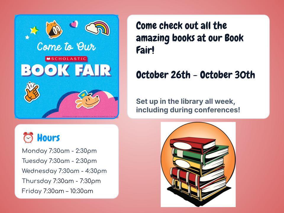 Come check out all the amazing books at our Book Fair! October 26th - October 30th Set up in the library all week, including during conferences!