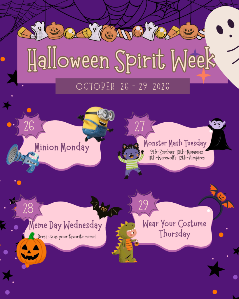 👻Halloween Spirit Day next week!!! Let's have some fun the week of Halloween as Student Government sponsors a Halloween Spirit Week! On Thursday, you can enter our annual costume contest by getting your picture taken in room 273 between 7:05-7:40am. #PantherPride #Halloween