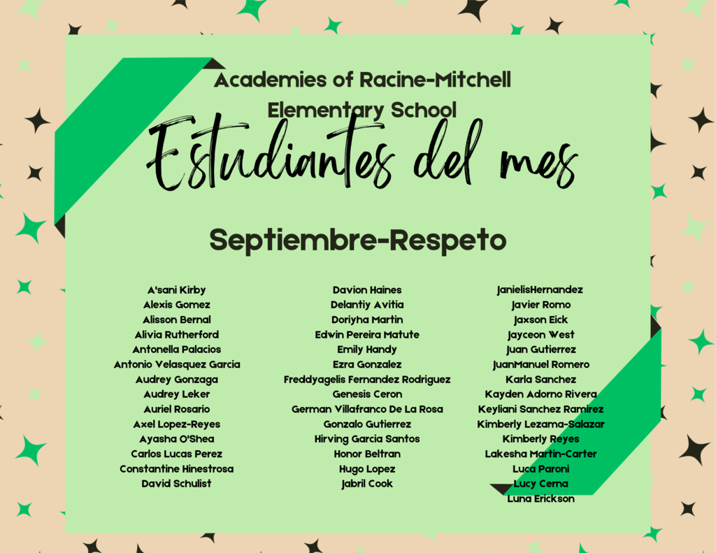 The character trait for the month of September was respect. Congratulations to our September Students of the Month!