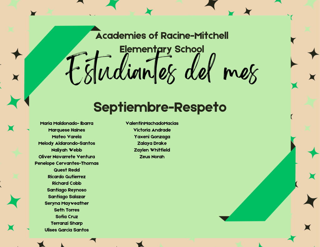The character trait for the month of September was respect. Congratulations to our September Students of the Month!