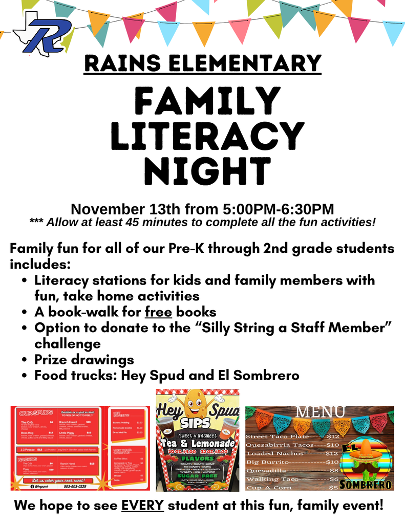 Rains Elementary flyer for Family Literacy Night- November 13th 5:00-6:30PM