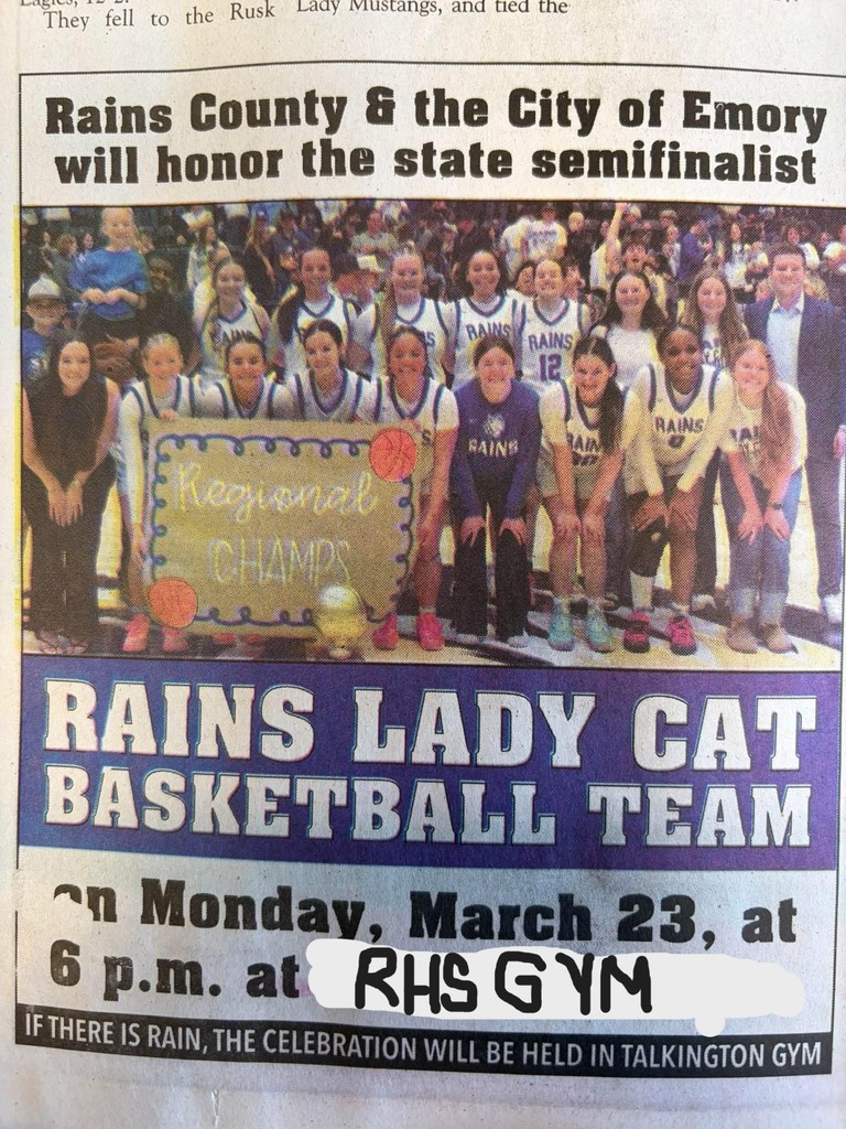 Rains Lady Cat Basketball Team community celebration announcement on newspaper 