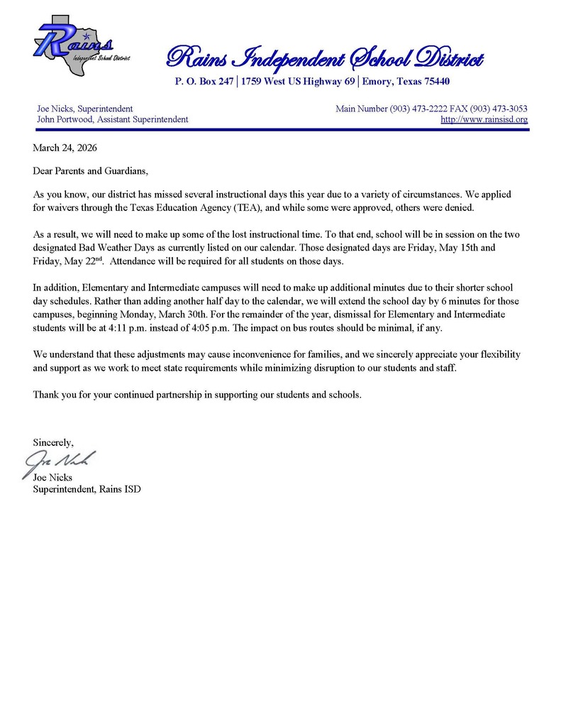 Letter from superintendent Mr. Nicks regarding added time implementation for state required minutes 