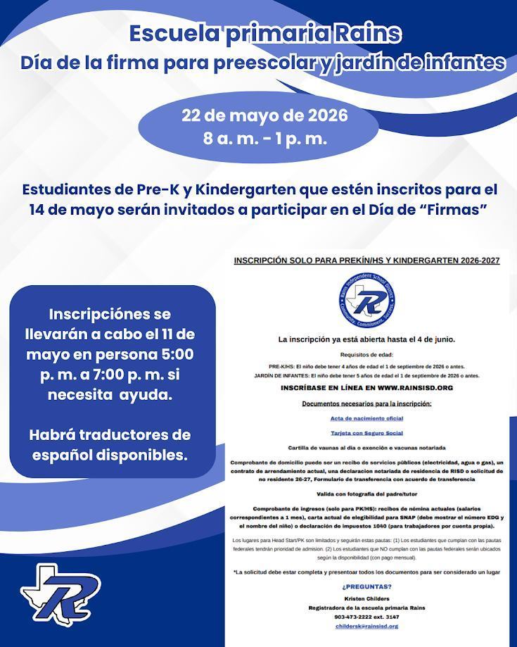 Spanish Flyer for PreK, Headstart, and Kindergarten enrollment for new students flyer and information graphic. Enrollment is open until June 4th. 