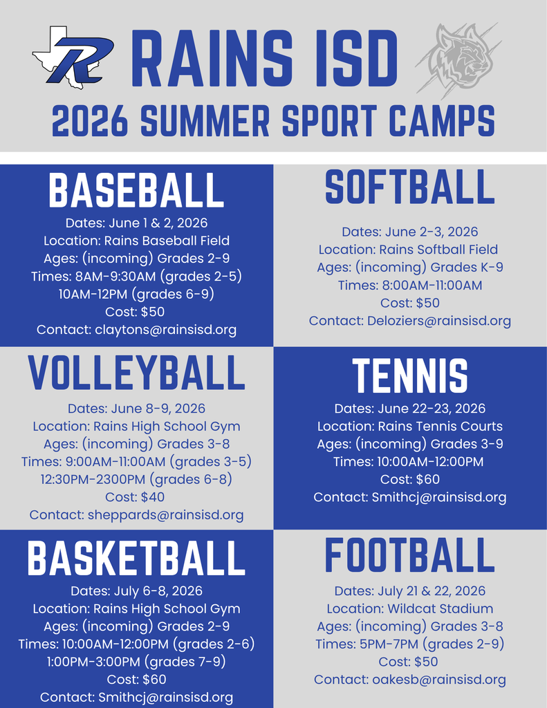 2026 Rains ISD Summer Sport camp schedule and information