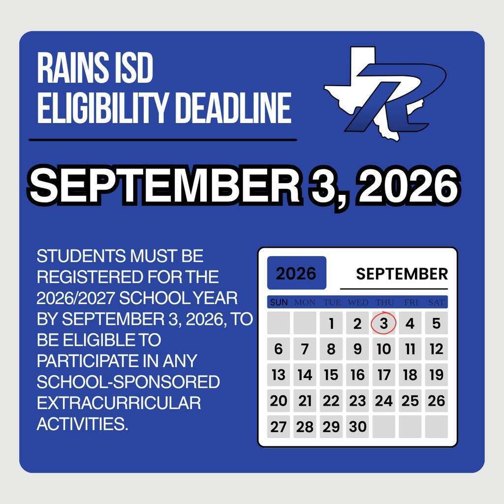 RISD Eligibility Deadline- September 3, 2026. Students must be registered 𝐟𝐨𝐫 𝐭𝐡𝐞 𝟐𝟎𝟐𝟔/𝟐𝟎𝟐𝟕 𝐬𝐜𝐡𝐨𝐨𝐥 𝐲𝐞𝐚𝐫 𝐛𝐲 𝐒𝐞𝐩𝐭𝐞𝐦𝐛𝐞𝐫 𝟑, 𝟐𝟎𝟐𝟔, to be eligible to participate in any school-sponsored extracurricular activities.
