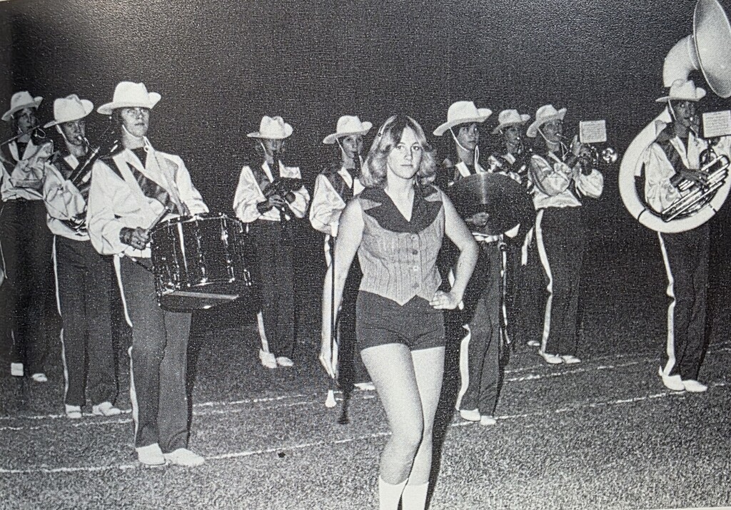 Old pictures of Rains ISD Band, Cheer, and Drill Team. Celebrating the spirit of tradition and wildcat pride for Homecoming Week.