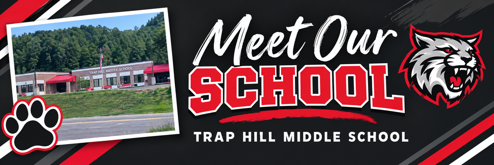 The picture says Meet Our School - Trap Hill Middle School.. There is a clipart picuture of a heart with paw print. There is a photo of the front of Trap Hill Middle School.