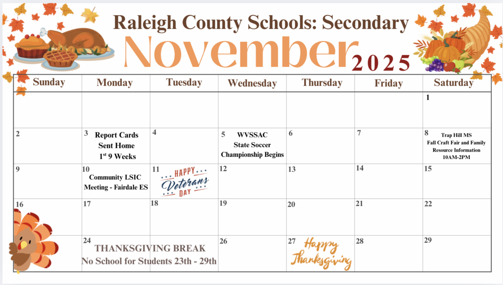 November 2025 calendar with events from middle and high schools listed on specific dates.