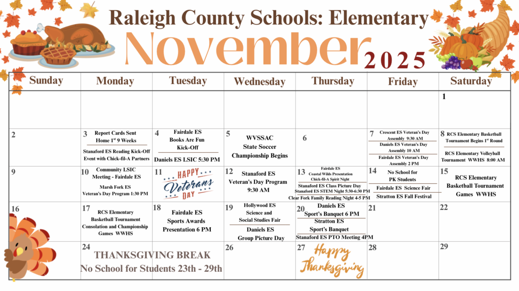 November 2025 calendar listed elementary school events for specific dates in November.