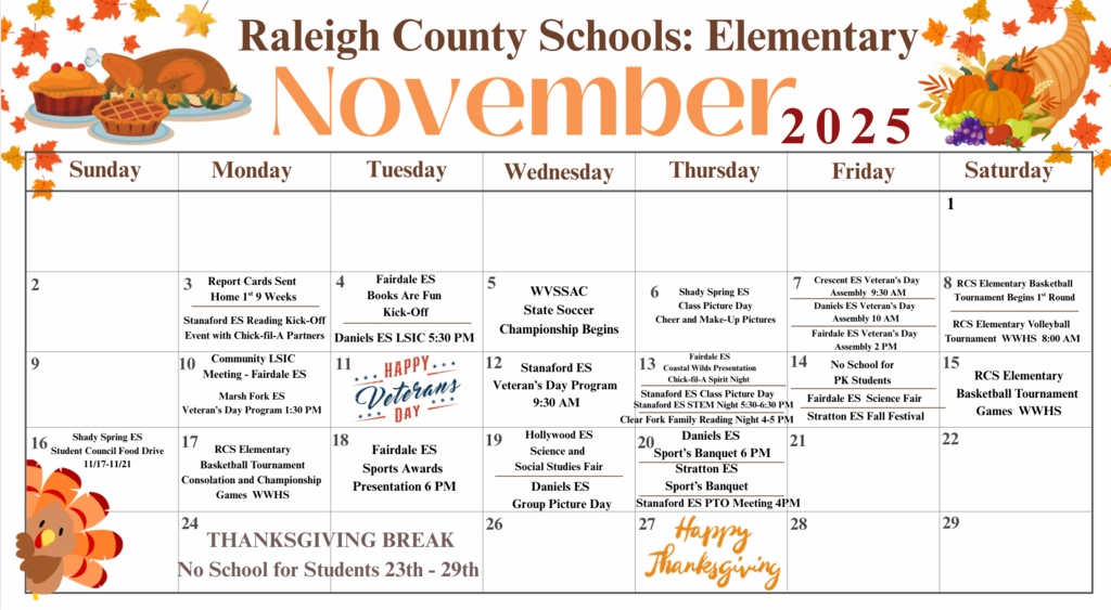 November 2025 calendar listed elementary school events for specific dates in November.
