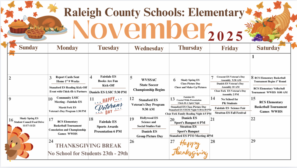 November 2025 calendar listed elementary school events for specific dates in November.