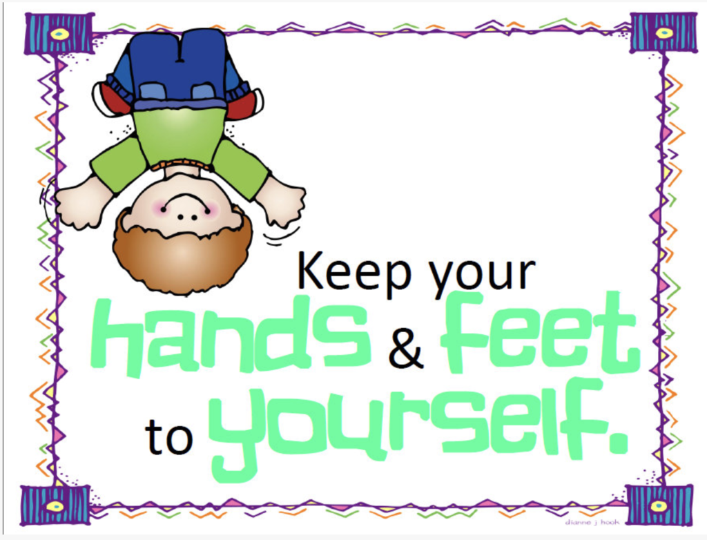 a picture of a child hanging upside down with a saying that says keep your hands and feet to yourself. 