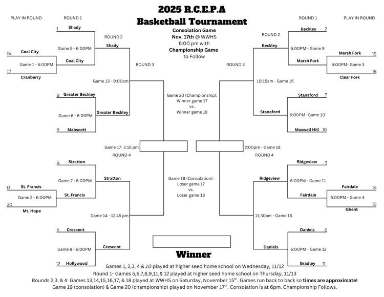 bracket with school times they play on tournament