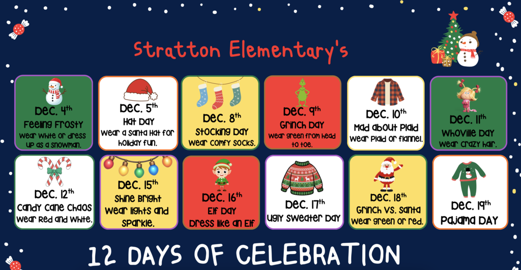 Stratton Elementary's 12 Days of Celebration Dress Up Day's Calendar