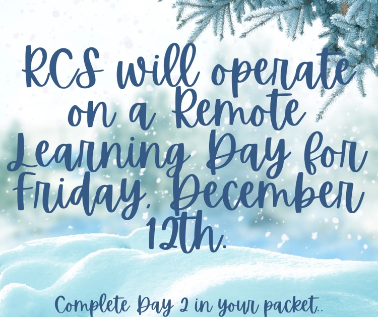 graphic with winter scene and words stating schools will be remote 