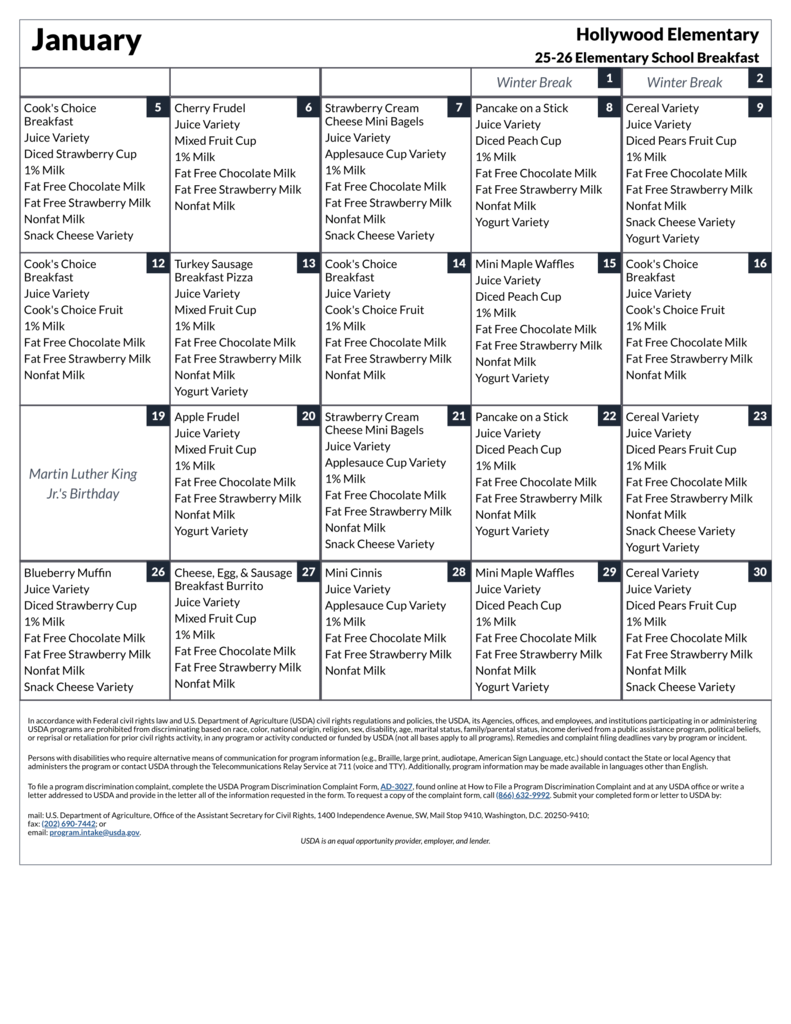 Hollywood Elementary - 25-26 Elementary School Breakfast - January-1