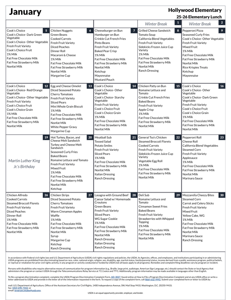 Hollywood Elementary - 25-26 Elementary Lunch - January-1