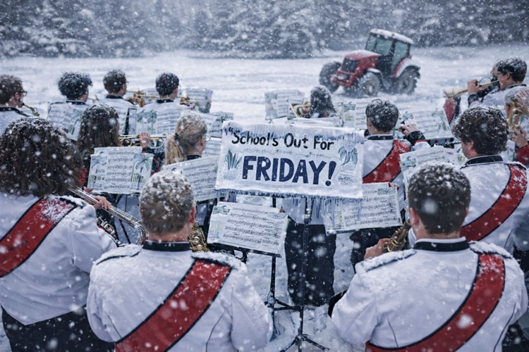 band playing in snow with tractor in background 