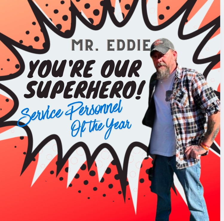 picture of Mr Eddie with red background and kaboom in middle stating he is our super hero