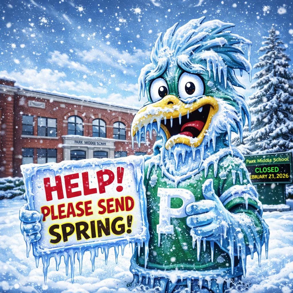 A cartoon-style winter graphic shows the green Park Middle School roadrunner mascot completely frozen with icicles hanging from its feathers and beak. The roadrunner is standing in front of the red brick school building covered in snow and holding a sign that reads “HELP! PLEASE SEND SPRING!” Snow is falling around the scene, and the image announces that Park Middle School is closed Tuesday, February 24, 2026